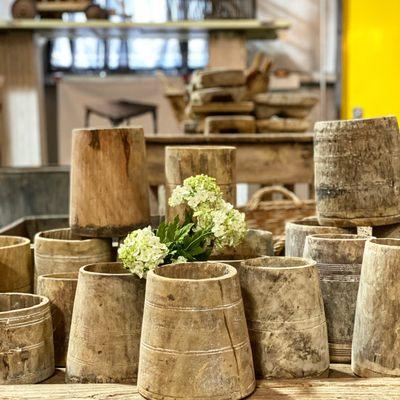 Hand carved wood honey pots.