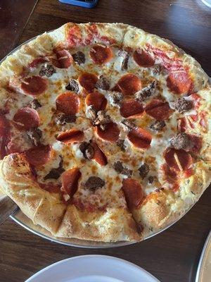 Pizza, half beef, half pepperoni