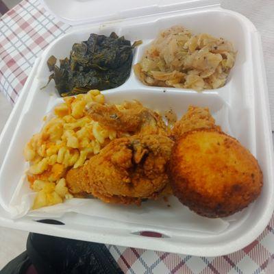 Chicken plate with collard greens, Mac and cheese, cabbage and cornbread