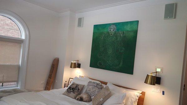 Artwork installed above bed & between rear Surround Speakers & Bedside Lamps.
 Upper West Side, NYC