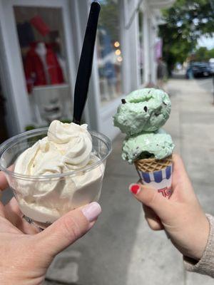 Maple creeme soft serve and mint chip hard ice cream.