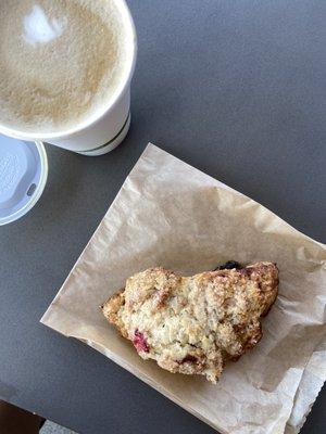 Double 12oz vanilla latte and strawberry scone