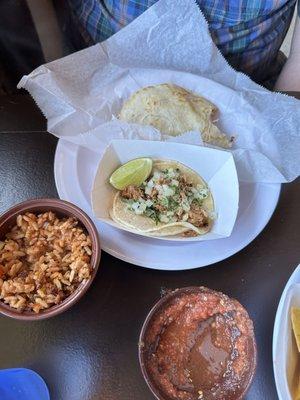 Dirty Rice, Memphis Hot Chicken, Chipotle Chicken Street Taco on Corn Tortilla