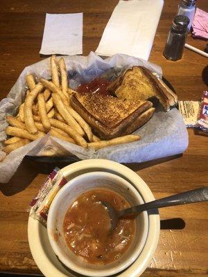 Chicken salad sandwich grilled, fries and chicken Gumbo