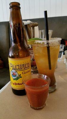 Michelada:  original mix, fresh lime juice, splash Valentina hot sauce topped Pacifico beer