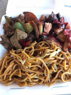 Black Pepper beef, BBQ Chicken and Lo Mein