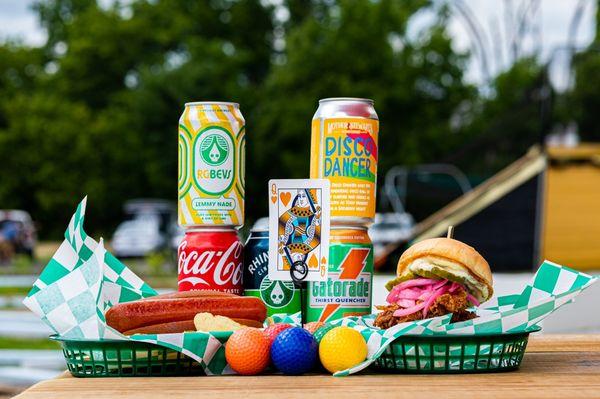 Buttermilk brined chicken sandwich, Windy City hot dog, craft canned beers and seltzers in a bucolic creek front property.