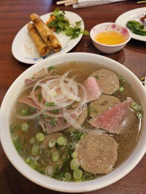 Small pho rare beef and meatball -- 11.95 Vietnamese egg rolls