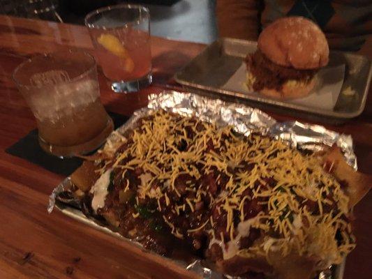 Masala pulled pork sandwich and nacho chaat