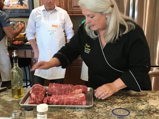 Preparing the Filet Mignon with Barbara the owner