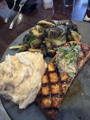 Salmon + Garlic Mashed Potatoes + Honey Brussel Sprouts