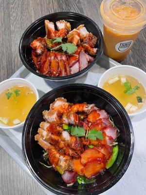 Thai Tea, Red Pork and Crispy Pork Noodle Bowls