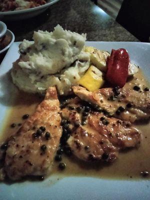 Chicken piccata with red mash and veg