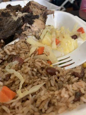 Jerk Chicken Side of Rice n peas with mixed cabbage