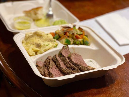 Grilled Veggies (gf) (ve) Garlic Mashed Potatoes (gf) (v) and veggies are made perfect! Chimichurri Tri-Tip Plate