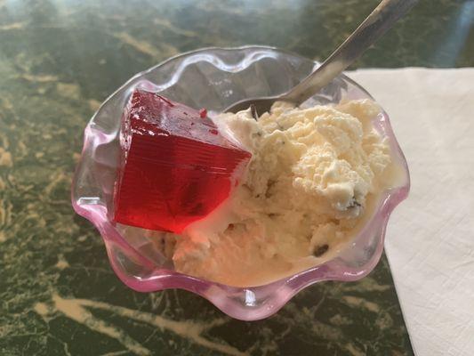 Vanilla ice cream with chocolate chips, Jell-O.