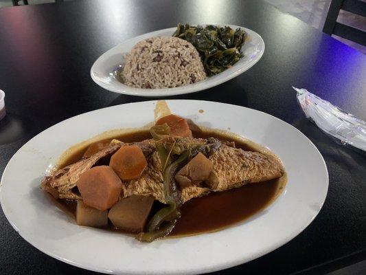 Brown stew fish (red snapper), with collards and rice and peas.