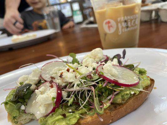 Avocado toast; oat milk latte