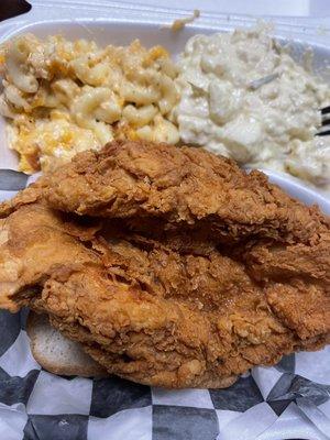 Potato Salad nice and warm! Fried chicken nice and crunchy. Macaroni and Cheese nice and cheesy