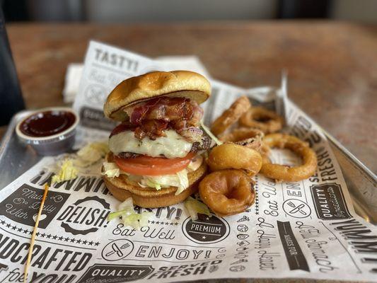 Bacon cheeseburger and onion rings.