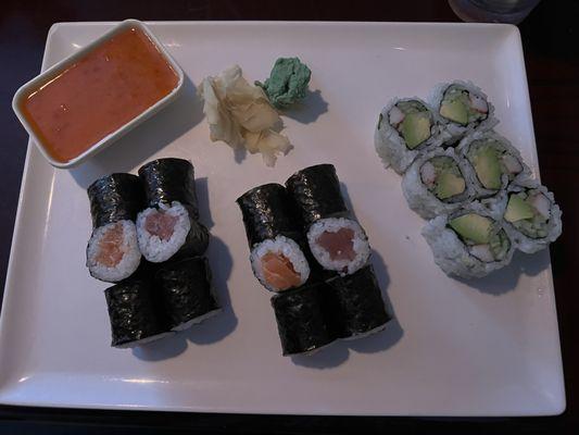 Tuna, salmon, California rolls