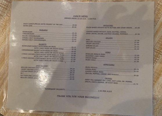 Reverse side of menu