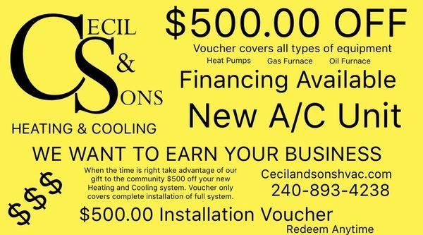 $500.00 off your new ac and heating unit.