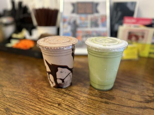 Iced Matcha Latte and chocolate lovers milkshake