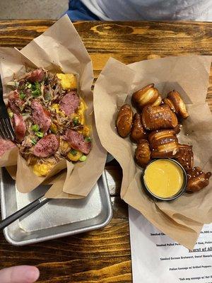 Loaded tots with pulled pork AND sausage and pretzel bites