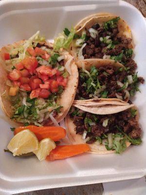 Fish taco on the left...Daily special of 3 carne steak tacos on the right.