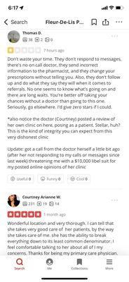 Screenshot of clinic dr. reviewing own clinic posing as patient