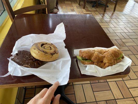 Donut, Cinnabon, and breakfast sandwich with Avocado and jalapeños added.