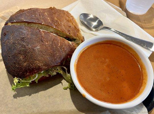 Chicken salad sandwich and tomato soup