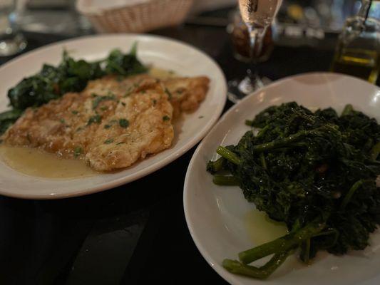 Chicken Vesuvio w spinach. (side of broccoli rabe)