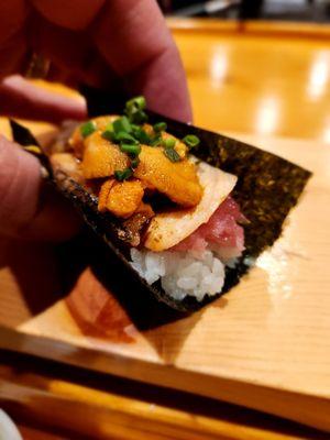 Ultimate hand roll - Toro, salmon belly, uni