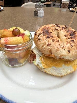 Special bagel sandwich with lots of ingredients you can't see in the photo