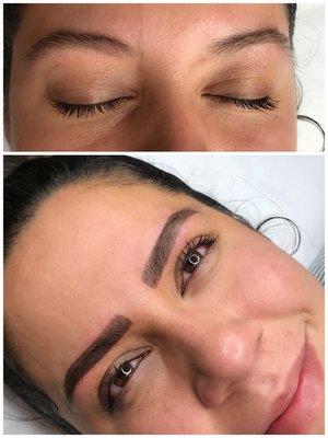 Combination brows ( microblading hairstroke upfront and shaded at tail)