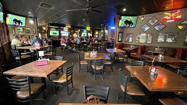 Wide angle view of the dining room.