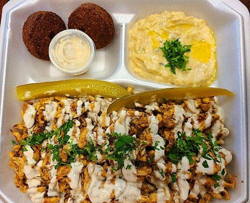 Chicken shawarma platter with falafel and baba ghanouj - $15.99