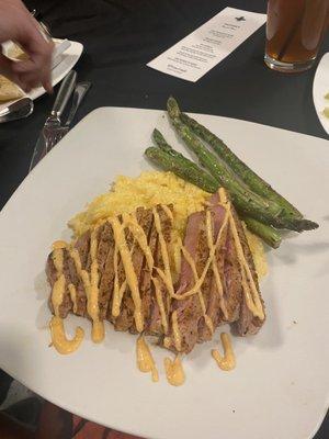 tuna, cheesy grits, tough asparagus