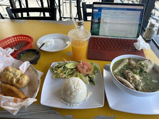 Sancocho de pollo, empanada, guava& cheese empanada