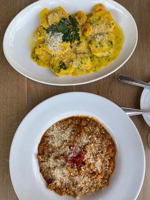 Fusilli with pesto and tomato sauce and lobster ravioli