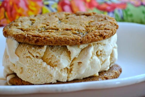 Home-made molasses spice cookies with pumpkin ice cream in between, makes Fall seem like a dream.