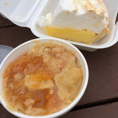 Delicious Peach Cobbler and (the last piece) of Savory Lemon Merengue Pie!! ~M&M Meals for the Soul Food~