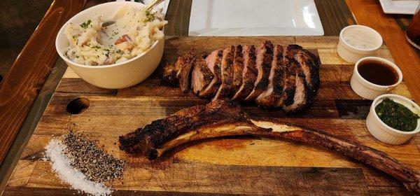 Tomahawk steak with 3 sauces addon (Serrano mushroom cream, red wine demi, & chimichurri) and a side order of garlic mashed potatoes