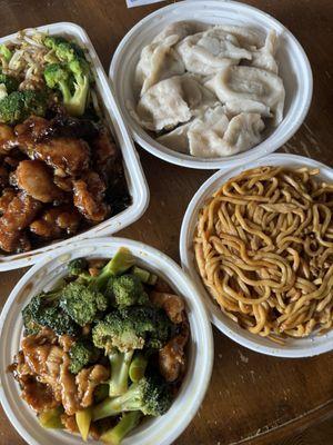 Chicken and broccoli, lo mein , chicken dumplings .