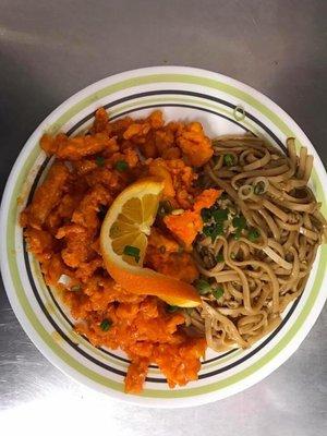 Orange chicken with lomein is not on the menu but can be requested and they will make it for 7.99.