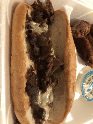 Smallest portion cheese steak I've ever seen....and where is the cheese and why is the beef so dried out?