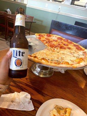 Half pepperoni and half mushroom pizza, was SO good with a beer