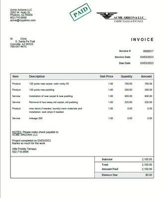 Acme invoice for $2200 versus Main Place quote for $5783